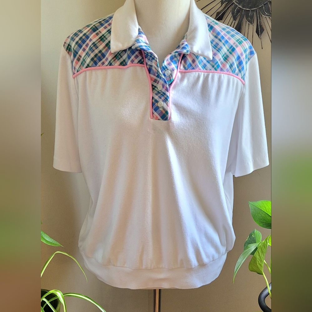 Vintage 80s Pastel Plaid White Elastic Bottom Polo Tennis Pickleball Easter